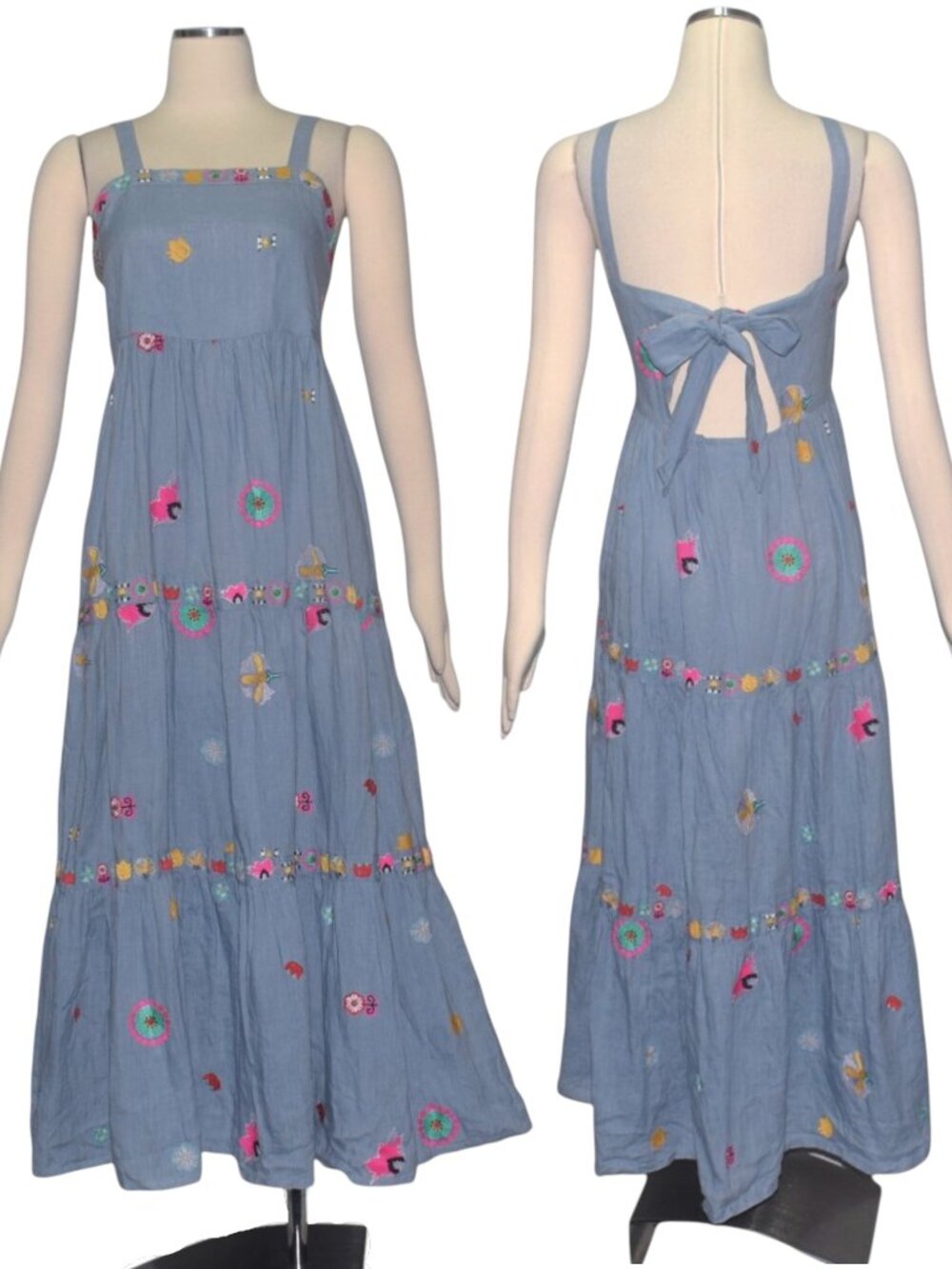 Nimo With Love Linen Embroidered Tiered Maxi Dress Open Back Chambray Blue XS